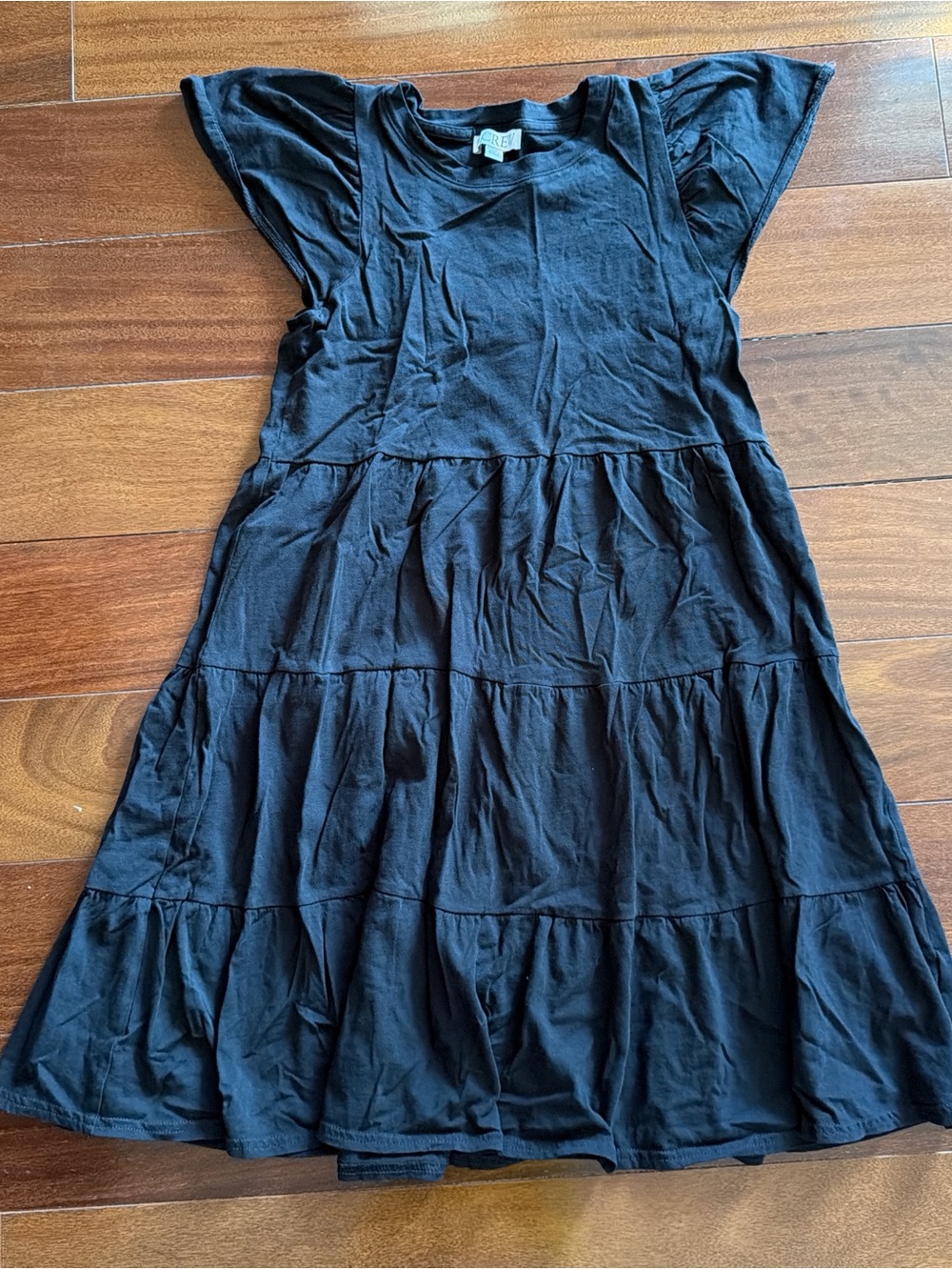 J. Crew Black Tiered Midi Dress with Flutter Sleeves